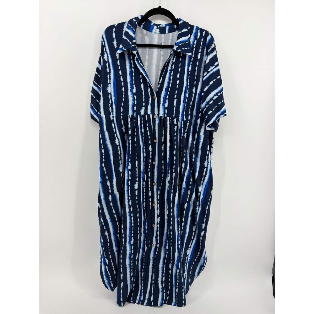 Cuddl Duds Blue White Tie Dye Stripe Button Front Midi Dress Pockets Large